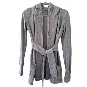 Lucky Brand Cozy Grey Hooded Wrap Cardigan With Tie Waist & Side Pockets